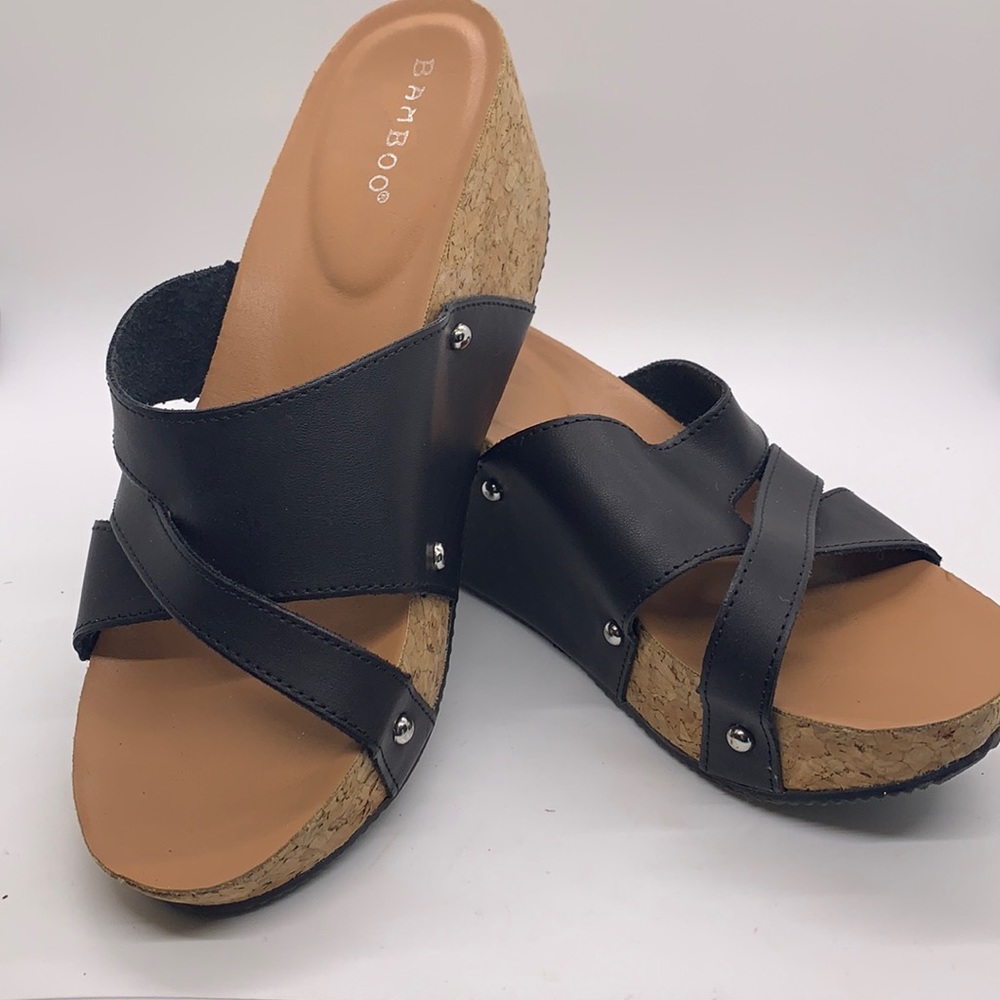 Bamboo Cork Wedge Black Strap “See Saw” Sandal 7